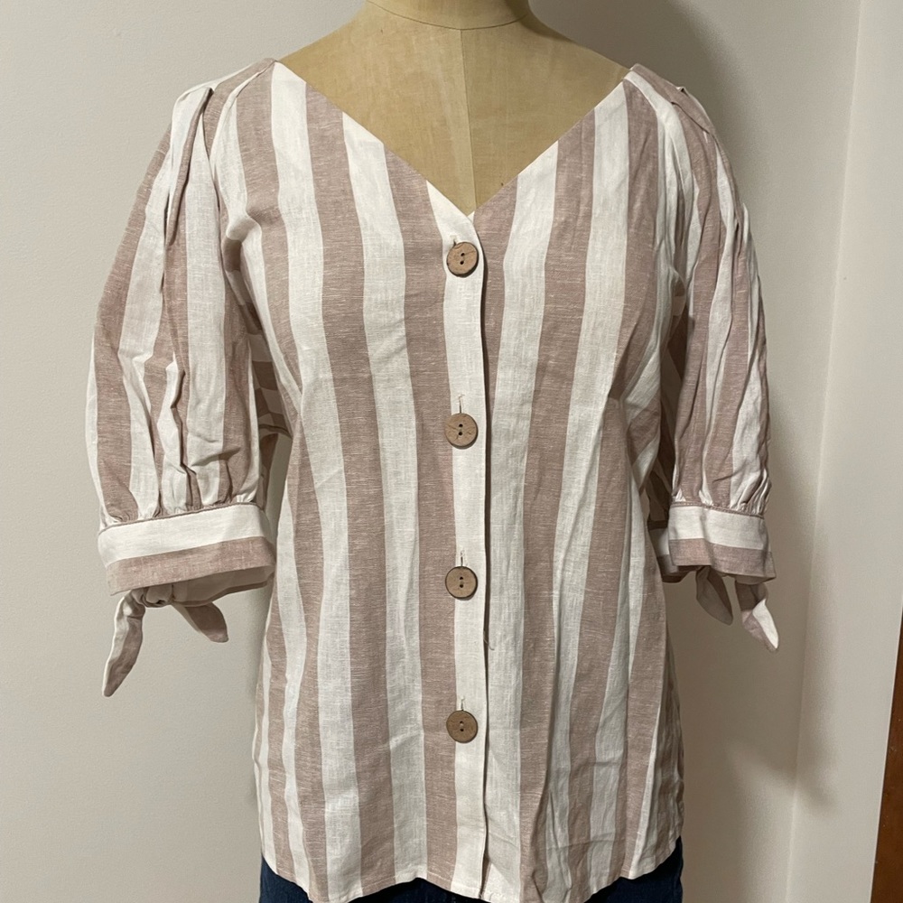 Lauren Conrad Top Striped Linen Blend Large Puff Sleeve Tie Buttons